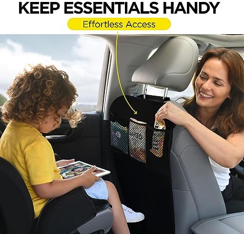 lebogner Back Seat Cover For Kids + 3 Pocket Storage Organizer, 2 Pack X-Large Waterproof Kick Mats Backseat Protector, Car Seat Back Protectors For Vehicles To Protect From Dirt, Mud & Scratches