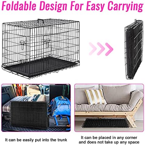 FDW Dog Crate for Large Dogs 48 Inch Folding Metal WirePet Cage Double Door W/Divider Panel Indoor Outdoor Kennel Leak-Proof Plastic Tray,Black