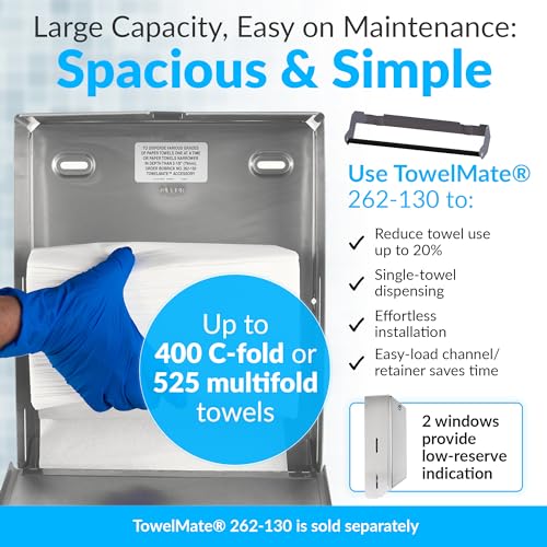 Bobrick B-262 Surface Mounted Paper Towel Dispenser - Stainless Steel Commercial Bathroom Towel Dispenser with Tumbler Lock 400 C-Fold or 525 Multifold Capacity