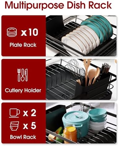 Dish Drying Rack - Stainless Steel Dish Rack with Drainboard for Kitchen Counter and Sink, 15.6" D x 12" W x 5" H, Black