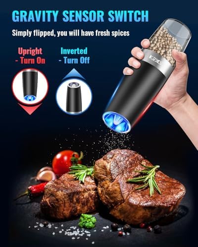 Sweet Alice Gravity Electric Pepper and Salt Grinder Set, Adjustable Coarseness, Battery Powered with LED Light, One Hand Automatic Operation, Stainless Steel Black, 2 Pack