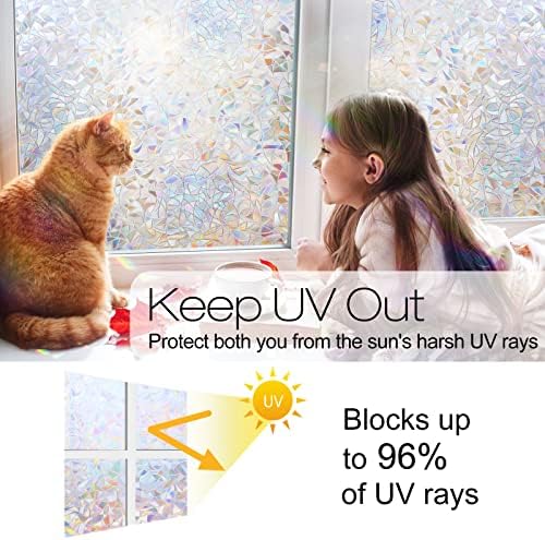 rabbitgoo Window Privacy Film Rainbow Film Decorative Window Sticker, 3D Static Stained Glass Cling Tint for Home Heat Control Non-Adhesive, 23.6 x 78.7 inches