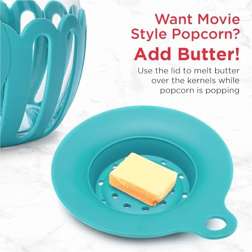 Ecolution Patented Micro-Pop Microwave Popcorn Popper with Temperature Safe Glass, 3-in-1 Lid Measures Kernels and Melts Butter, Made Without BPA, Dishwasher Safe, 1.5-Quart, Teal