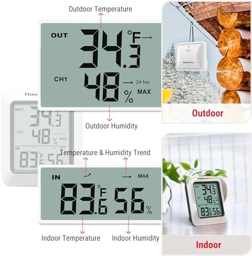 ThermoPro TP60-2 Digital Hygrometer Indoor Outdoor Thermometer Wireless Temperature and Humidity Gauge Monitor Room Thermometer with 500ft/150m Range Humidity Meter