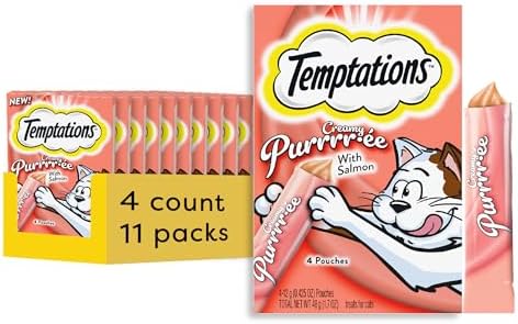 Temptations Creamy Puree Squeezable Lickable Wet Cat Treats with Salmon, 0.42 oz. Tubes, 4 Count, Pack of 11 (44 Total)