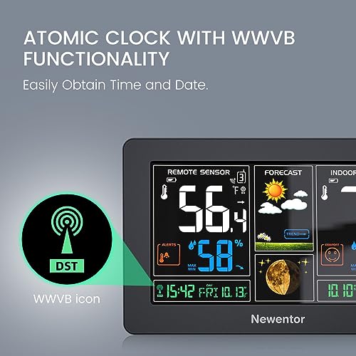Newentor Weather Station Wireless Indoor Outdoor Thermometer, Color Display Digital Weather Thermometer with Atomic Clock, Barometric Pressure, Forecast Station with Adjustable Backlight,Black,2Sensor