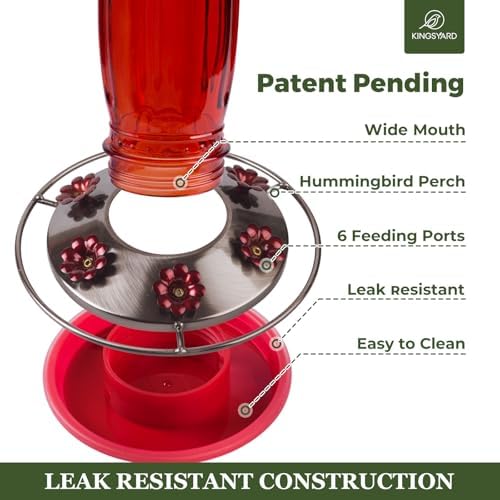 Kingsyard Glass Hummingbird Feeder for Outdoors Wild Bird Feeder with 6 Feeding Ports Hanging for Garden Yard, Red (Ant Moat Included)