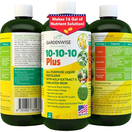 10-10-10 All Purpose Plant Food - Liquid Fertilizer with Seaweed Kelp & Iron - Indoor & Outdoor Plant Food, Vegetables, Flowers, Lawn & Garden 1x8oz