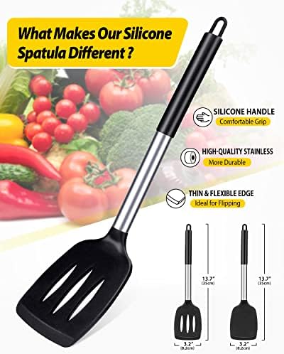 Pack of 2 Silicone Solid Turner, Non Stick Slotted Kitchen Spatulas, High Heat Resistant BPA Free Cooking Utensils, Ideal Cookware for Fish, Eggs, Pancakes(Black)