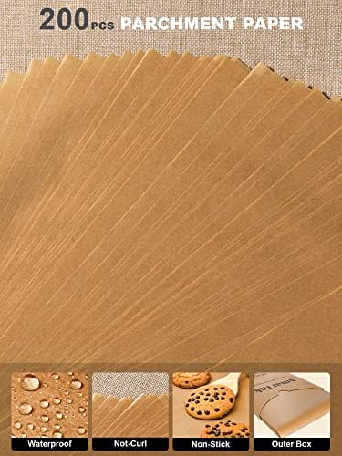 SMARTAKE 200 Pcs Parchment Paper Baking Sheets, 12x16 Inches Non-Stick Precut Baking Parchment, for Baking Grilling Air Fryer Steaming Bread Cup Cake Cookie and More (Unbleached)