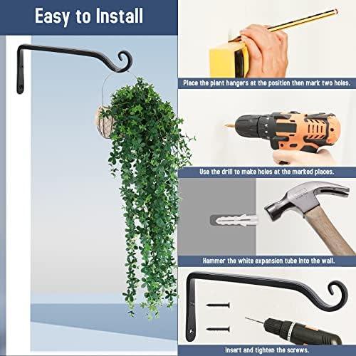 FEED GARDEN Wall Hook Hanging Plant Bracket 10 Inch 2 Pack, Hand-Forged Plant Hanger for Hanging Bird Feeders, Wind Chimes, Flower Baskets, Yoga Mat, Indoor/Outdoor Use, Black