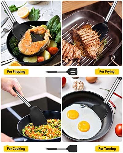 Pack of 2 Silicone Solid Turner, Non Stick Slotted Kitchen Spatulas, High Heat Resistant BPA Free Cooking Utensils, Ideal Cookware for Fish, Eggs, Pancakes(Black)