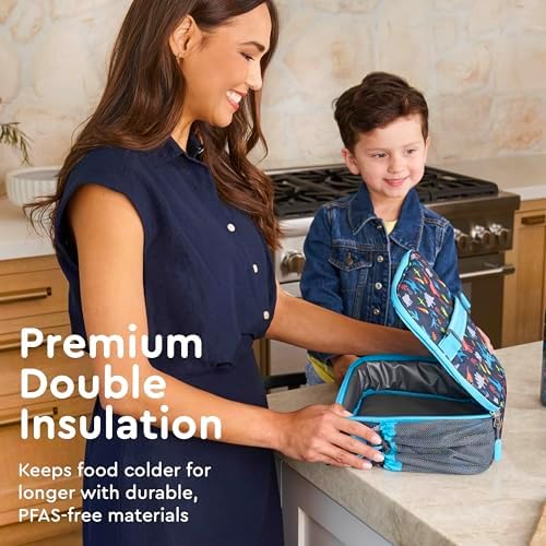 Bentgo Kids Lunch Bag - Double-Insulated, Reusable Lunch Bag for Kids 3+ with Adjustable Strap; Holds Lunch Box/Water Bottle/Snacks; Easy-Clean, Water-Resistant & Pockets (Dinosaur)