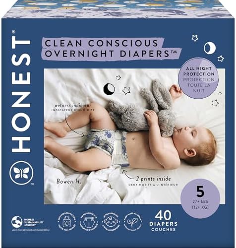 The Honest Company Clean Conscious Overnight Diapers for Sensitive Skin | Hypoallergenic, Fragrance Free | Cozy Cloud + Star Signs | Club Box, Size 5 (27+ lbs), 40 Count