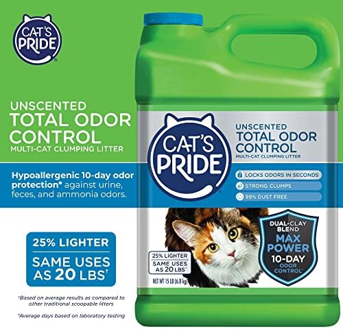 Cat's Pride Max Power: Total Odor Control - Up to 10 Days of Powerful Odor Control - Strong Clumping - Hypoallergenic - 99% Dust Free - Multi-Cat Litter, Unscented, 15 Pounds