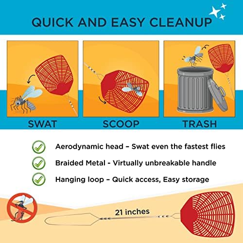 Bug & Fly Swatter – Braided Metal Handle 6 Pack Fly Swatters – Indoor/Outdoor – flyswatter (21 inch - Set of 6)