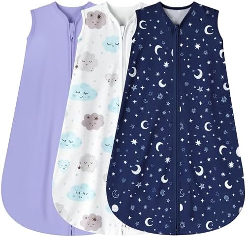 3 Pack Baby Sleep Sack 6-12 Months 100% Rayon Cotton Baby Sleeping Bag 2-Way Zipper Toddler Wearable Blankets Comfy Stretchy Lightweight TOG 0.3 (Purple&Clouds&Starry Sky)