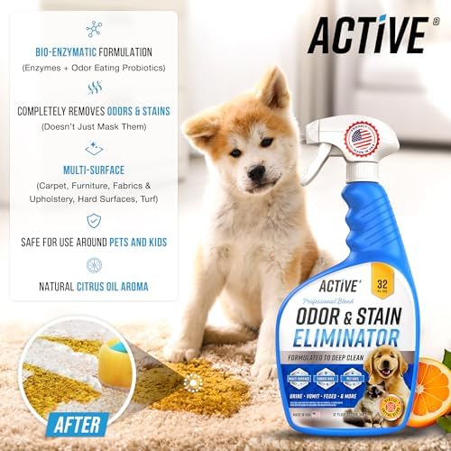 Pet Odor and Stain Eliminator - 32 oz ACTIVE Enzyme Cleaner for Dog & Cat Urine, Stain Remover Spray for Carpet, Upholstery, Hardwood, Spot Cleaning, Deodorizer for Dogs Cats Pets - Natural Citrus Oil