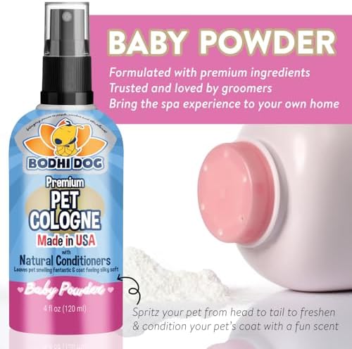Bodhi Dog Premium Dog Cologne - Deodorizing Dog Perfume & Conditioner for Dogs & Cats - Natural Long Lasting Spray - Keeps Pets Fresh All Day - Gentle & Safe Formula, Made in USA (Baby Powder 4 Fl Oz)