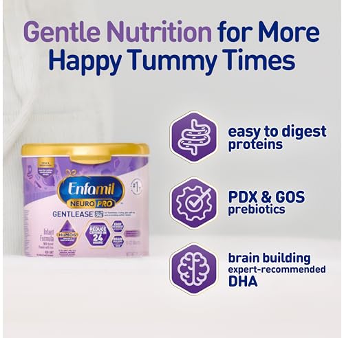 Enfamil NeuroPro Gentlease Baby Formula, Brain Building DHA, HuMO6 Immune Blend, Designed to Reduce Fussiness, Crying, Gas & Spit-up in 24 Hrs, has Prebiotics to Promote Softer Stools, Reusable Tub, 19.5 Oz