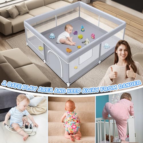 Baby Playpen 50 x 50 Inch Play Pen Playards, Playpen for Babies and Toddlers, Baby Playard for Indoor & Outdoor Active Center Game Fence, with Skin-Friendly Fabric and Soft Breathable Mesh Grey