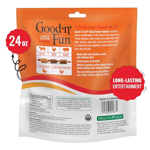 Good'n'Fun Triple Flavored Rawhide Kabobs for Dogs, 24 oz, 36 Count, 2 Pack
