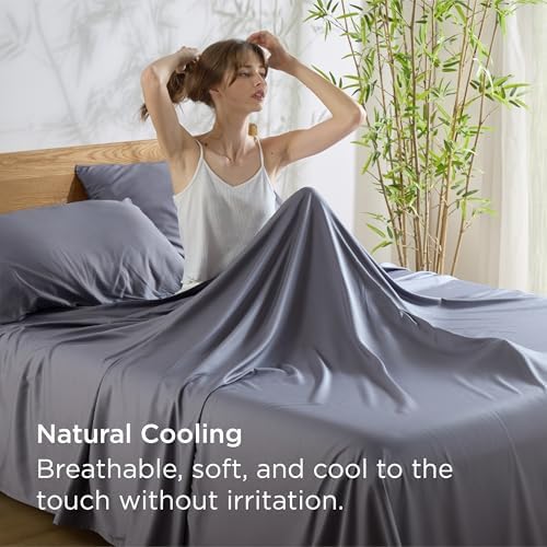 Bedsure Queen Sheet Set, Cooling Sheets for Queen Size Bed Set, Rayon Derived from Bamboo, Breathable & Soft, Deep Pocket Up to 16 Inches, Hotel Luxury Silky Bedding for Hot Sleepers, Dark Grey