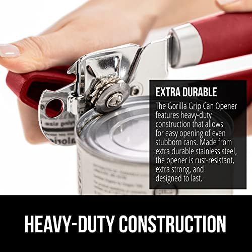 GORILLA GRIP Heavy Duty Stainless Steel Smooth Edge Manual Can Opener and Bottle Openers, Soft Comfortable Handle, Oversized Handheld Turn Knob, US Designed Multifunctional Kitchen Tool, Red