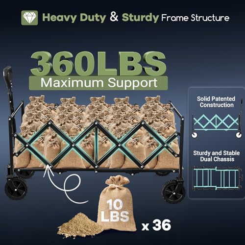 34'' Extra Long Collapsible Wagons Carts Foldable, 360LBS Heavy Duty Folding Beach Wagon with Wheels, Portable Utility Outdoor Cart for Grocery, Garden, Sports, Camping, Red