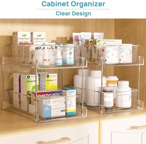 Vtopmart 4 Pack Bathroom Organizer, 2 Tier Clear Under Sink Organizers Vanity Countertop Storage Container,Cabinet Drawers Bins, Pull-Out Organization with Track for Pantry, Kitchen