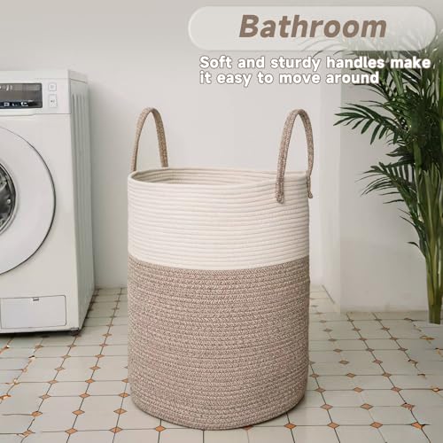 Large Woven Laundry Basket Hamper,60L Cotton Rope Storage Bin for Blankets,Toys and Clothes,Decorative Tall Nursery Hamper for Living Room,Baby Nursery,Bathroom and Bedroom,Brown
