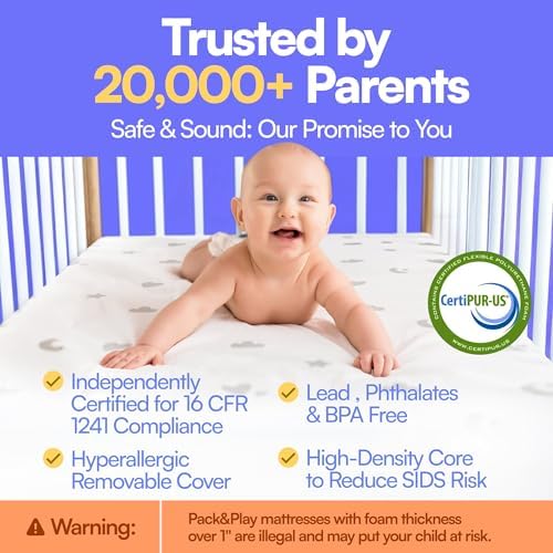 Mommy&Me Pack and Play Mattress Pad (38"x26"x1") with Soft Washable Breathable Cover, Waterproof, CertiPUR-US Certified Foam, Pack&Play Topper - Portable Foam Mini Crib Mattress for Baby Toddler