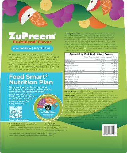 ZuPreem FruitBlend Bird Pellets, Daily Bird Food for Cockatiel, Lovebird, Quaker, Small Conure, Lorikeet, Core Nutrition for Medium Birds, Cockatiel Pellets, Conure Food (M, 2 lbs)
