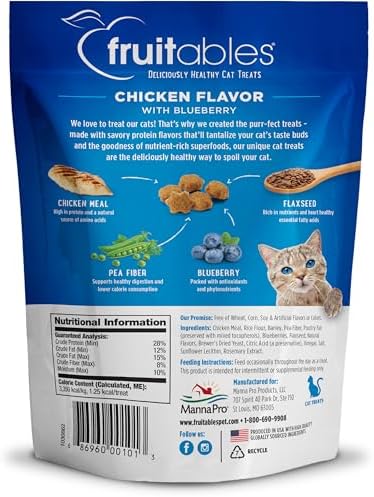 Fruitables Cat Treats Crunchy Cat Treats Packed with Protein Healthy Low Calorie Free of Wheat, Corn and Soy Made with Real Chicken and Blueberry 30 Ounces