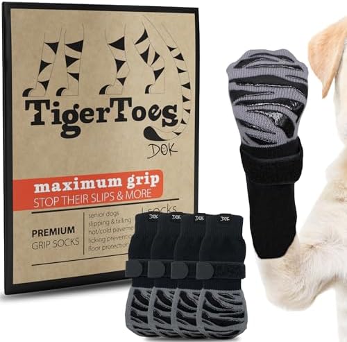 DOK TigerToes Premium Non-Slip Dog Socks for Hardwood Floors - Extra-Thick Grip That Works Even When Twisted - Prevents Licking, Slipping, and Great for Dog Paw Protection - Size Large
