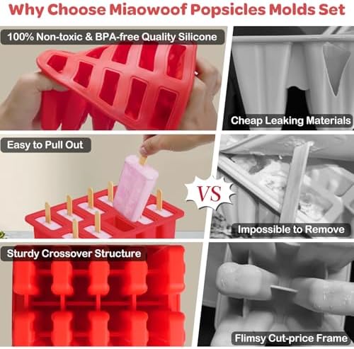 Miaowoof Homemade Popsicle Molds, 10-Cav Non-BPA Silicone Ice Pop Maker, with 50 Sticks, 50 Bags, 10 Reusable Sticks, Funnel, Brush and Ice Pop Recipe (Red)