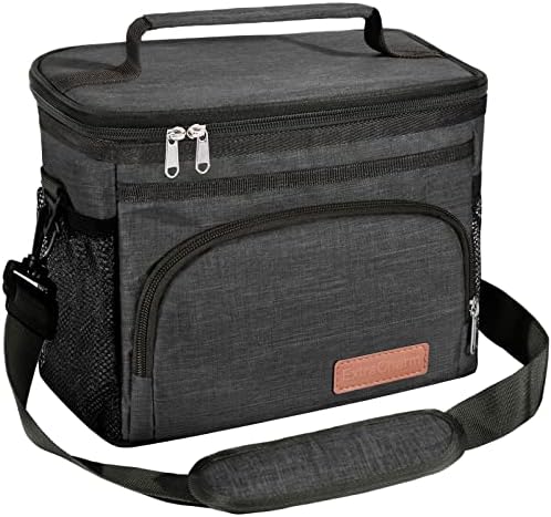 ExtraCharm Insulated Lunch Bag for Women/Men - Reusable Lunch Box for Office Picnic Hiking Beach - Leakproof Cooler Tote Bag Organizer with Adjustable Shoulder Strap for Adults - Black