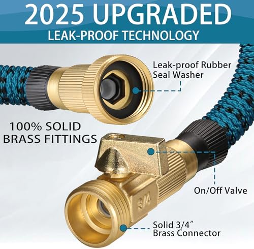 100 ft Expandable Garden Hose - 2025 New Kink Free Flexible Water Hose 100ft with 10 Pattern Spray Nozzle, 3/4 Solid Brass Connectors, Retractable Latex Core - Lightweight Expanding Hose