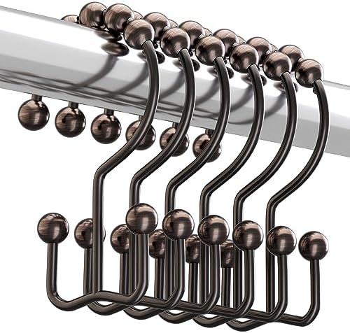 Titanker Shower Curtain Hooks Rings, Rust-Resistant Metal Double Glide Shower Hooks for Bathroom Shower Rods Curtains, Set of 12 Hooks - Bronze