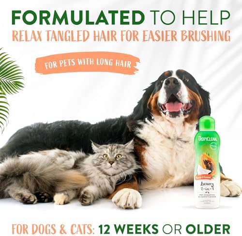 TropiClean 2-in-1 Dog Shampoo and Conditioner, Moisturizing Dog Detangler, Puppy Safe, Made in the USA, Papaya Scent, Cat & Kitten Safe, 20oz.