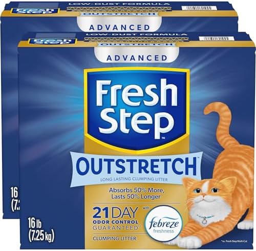 Fresh Step Outstretch Advanced Long Lasting Clumping Litter with Febreze Freshness, Activated Charcoal Litter Lasts 50% Longer, 32 lbs. (2 x 16 lb. Box)