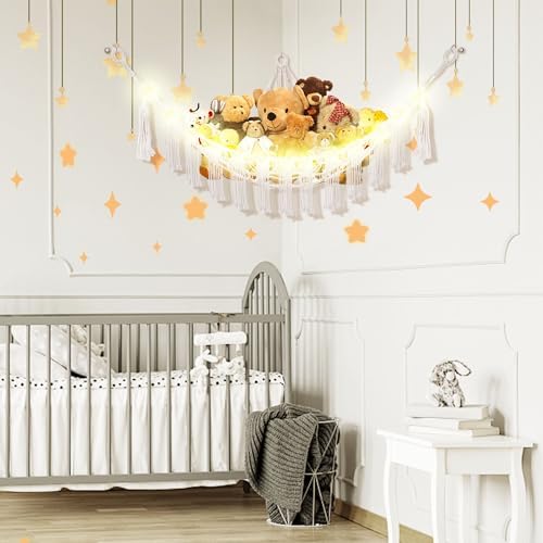 Stuffed Animal Hammock with LED Light, Jumbo Toy Hammock for Stuffed Animals Storage for Kids Room Decor, Stuffed Animal Hammock Corner, White