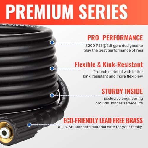 YAMATIC Pressure Washer Hose 25FT 1/4" Kink Resistant M22 Brass Fitting Power Washer Hose Replacement for Ryobi, Troy Bilt, Greenworks, CRAFTSMAN & More High PressureWashers, 3200 PSI