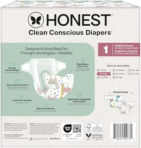 The Honest Company Clean Conscious Diapers for Delicate Skin | Up to 100% Leakproof | Hypoallergenic, Fragrance Free | Gender Neutral | Club Box, Size 1 (8-14 lbs), 78 Count (Prints May Vary)