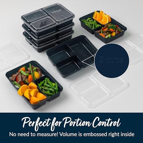 Bentgo 20-Piece Lightweight, Durable, Reusable BPA-Free 3-Compartment Containers - Microwave, Freezer, Dishwasher Safe - Navy Blue