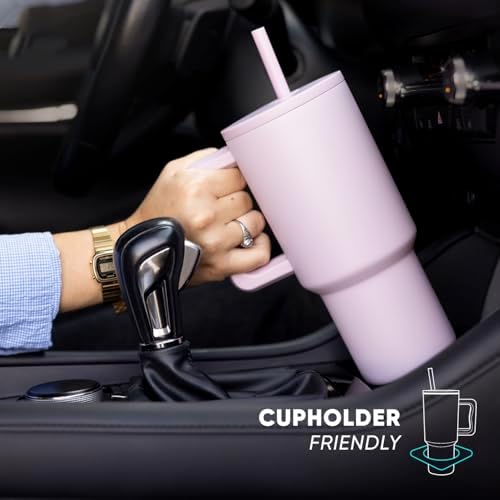 Simple Modern 40 oz Trek Tumbler with Handle and Straw Lid | Cup Holder Friendly Insulated Stainless Steel Travel Mug | Almond Birch