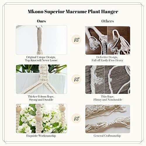 Mkono Macrame Plant Hanger Indoor Hanging Planter Basket with Wood Beads Decorative Flower Pot Holder No Tassels for Indoor Outdoor Boho Home Decor 35 Inch, Ivory, Set of 2 (POTS NOT Included)