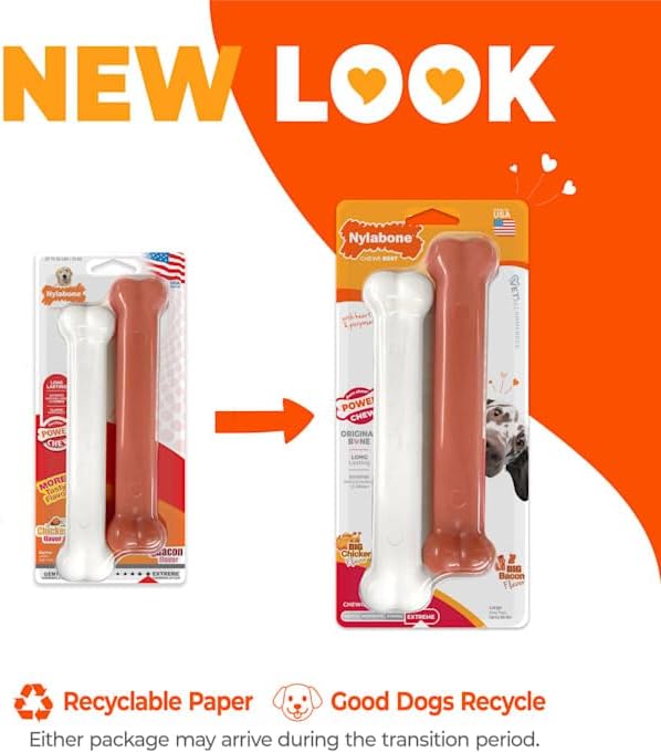 Nylabone Original Bone Power Chew Toy for Dogs, Durable Dog Toys for Aggressive Chewers, Basted Blast Chicken Flavor, Large - Up to 50 lbs, 2 Pack