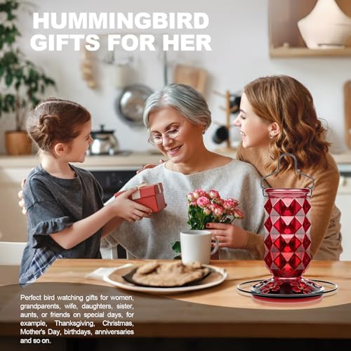Glass Hummingbird Feeders for Outdoors Hanging, 25Oz Bird Nectar Feeder with Perch & 5 Flower Feeding Ports Leak Proof Hanging for Garden Backyard Decor, Gifts for Women Mom, Red