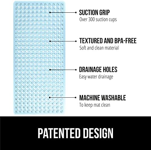 GORILLA GRIP Patented Bath Tub Shower Mat, Machine Washable Bathtub Floor Liner Mats, Suction Cups and Drain Holes to Keep Tubs Clean, Soft on Feet, Bathroom Essentials, 35x16 Inch, Clear Blue